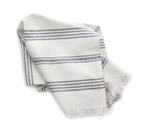 Striped kitchen towel isolated on white, top view