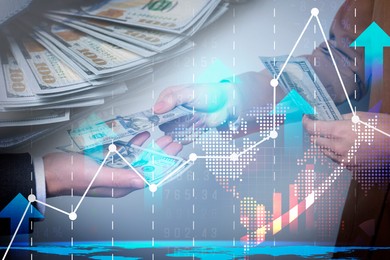 Image of Money exchange. Multiple exposure with dollar banknotes, digital world map, graphs and photo of woman giving cash to man