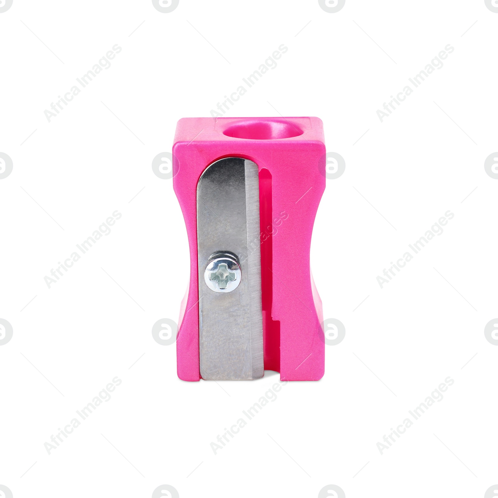 Photo of Plastic pink pencil sharpener isolated on white