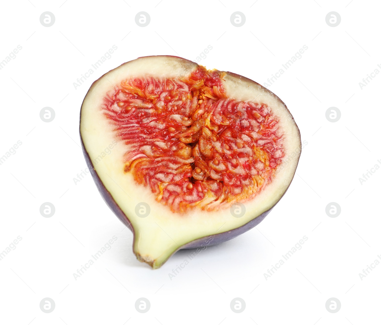 Photo of Half of ripe purple fig on white background