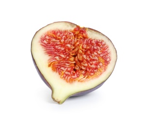 Photo of Half of ripe purple fig on white background