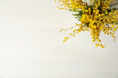 Bouquet of beautiful mimosa flowers on white wooden table, top view. Space for text
