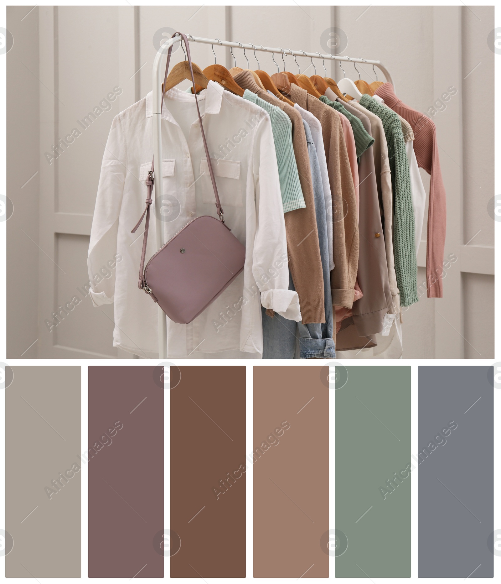 Image of Color palette appropriate to photo of stylish women's clothes on rack in room