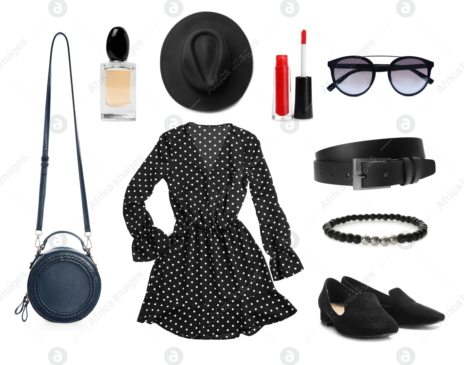 Image of Elegant outfit. Collage with dress, shoes, accessories and cosmetics for woman on white background