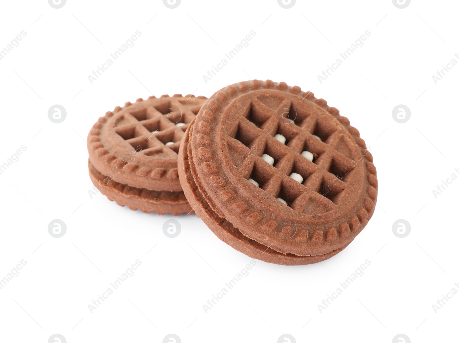 Photo of Tasty chocolate sandwich cookies with cream isolated on white