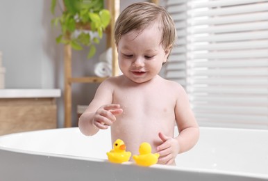 Photo of Cute little child playing with toy ducks in bathtub at home