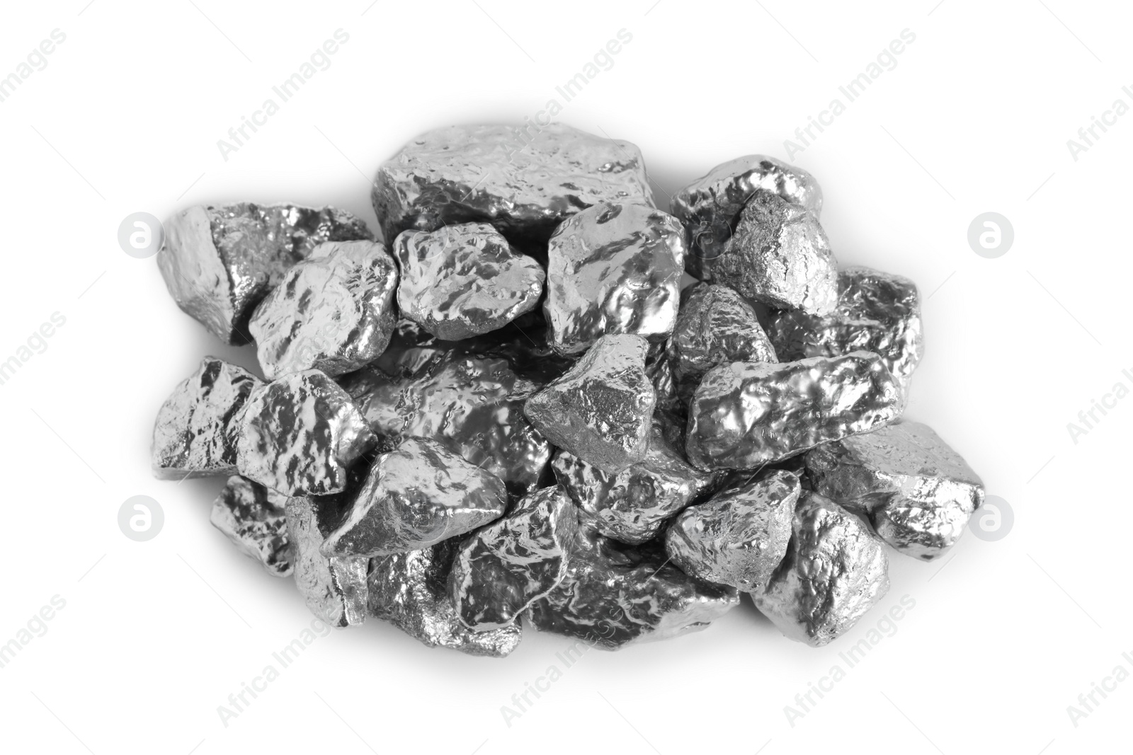 Photo of Pile of silver nuggets isolated on white, top view