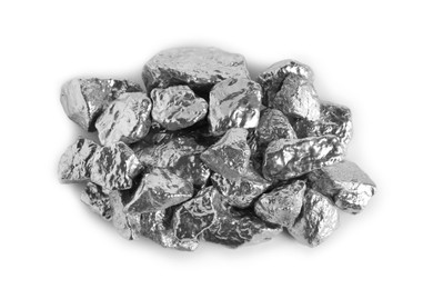 Photo of Pile of silver nuggets isolated on white, top view