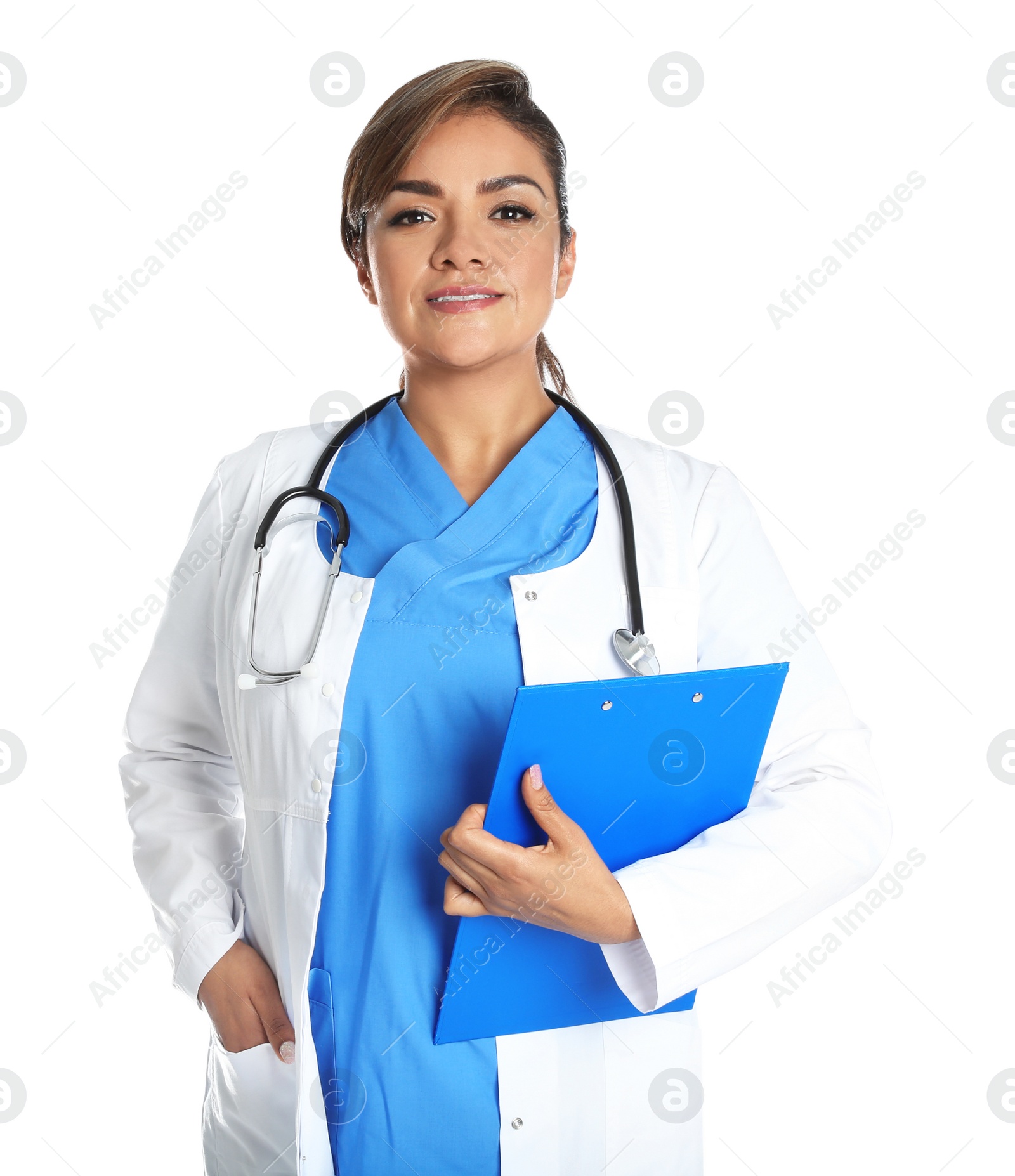 Photo of Portrait of female Hispanic doctor isolated on white. Medical staff