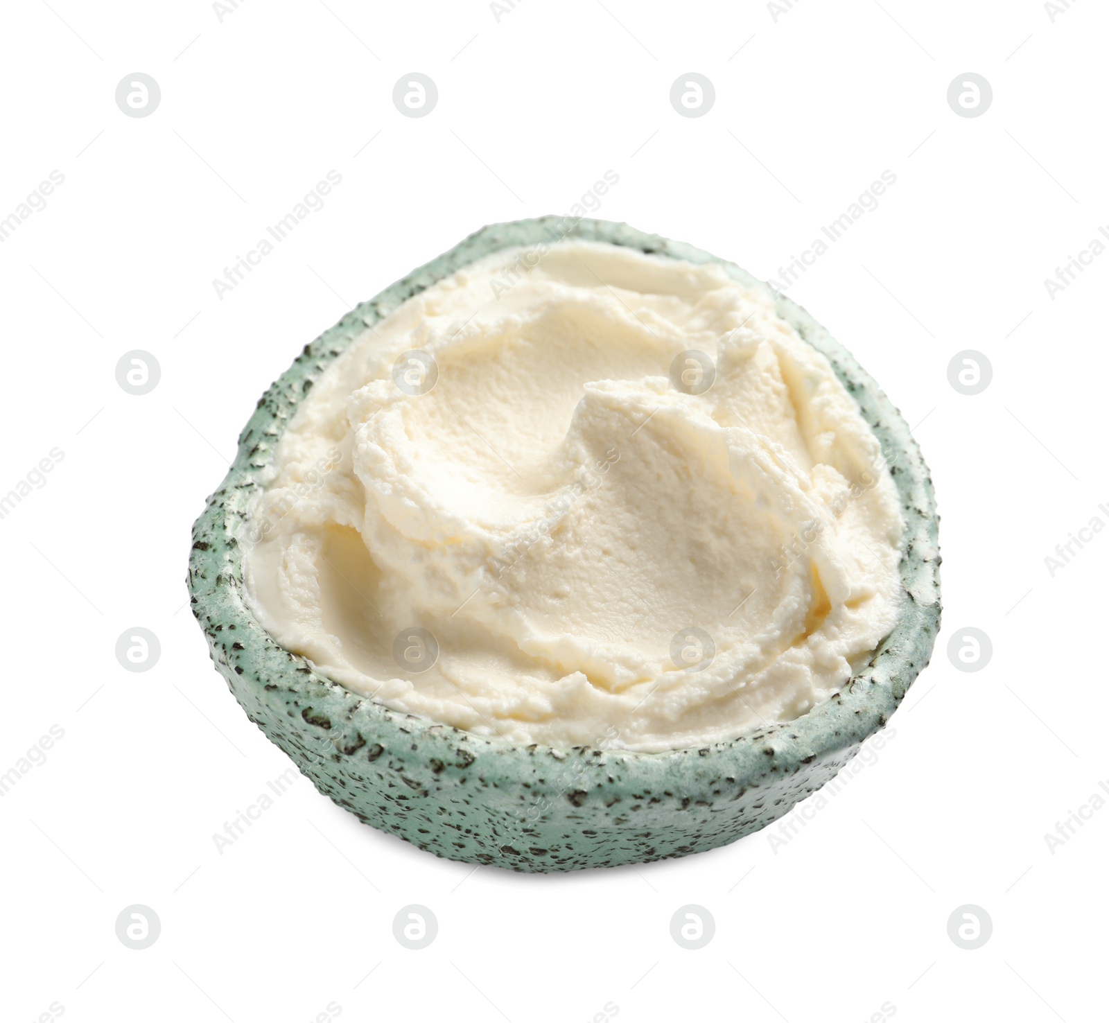 Photo of Bowl of tasty cream cheese on white background