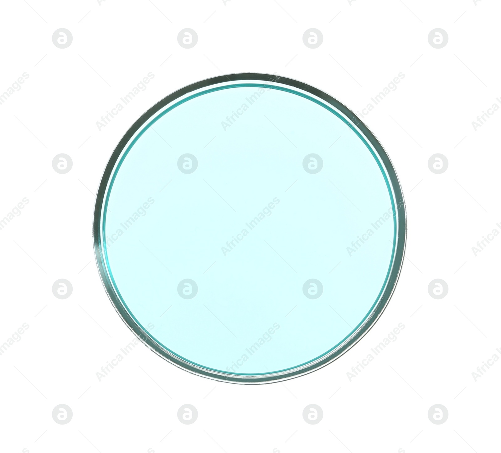Photo of Petri dish with turquoise liquid isolated on white, top view
