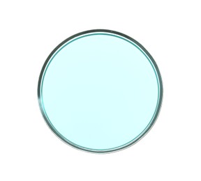 Photo of Petri dish with turquoise liquid isolated on white, top view