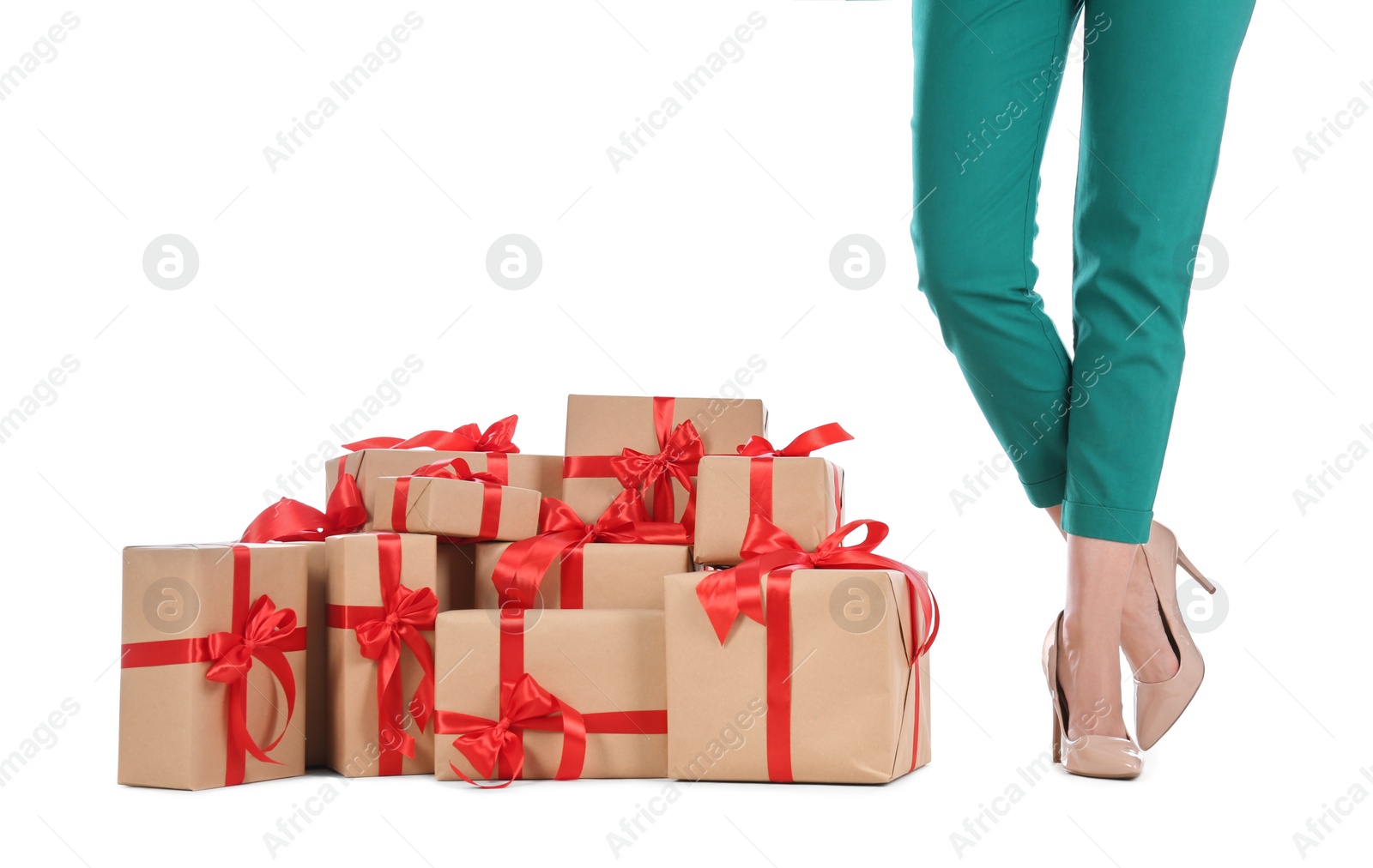 Photo of Woman and gift boxes on white background, closeup. Black Friday Sale