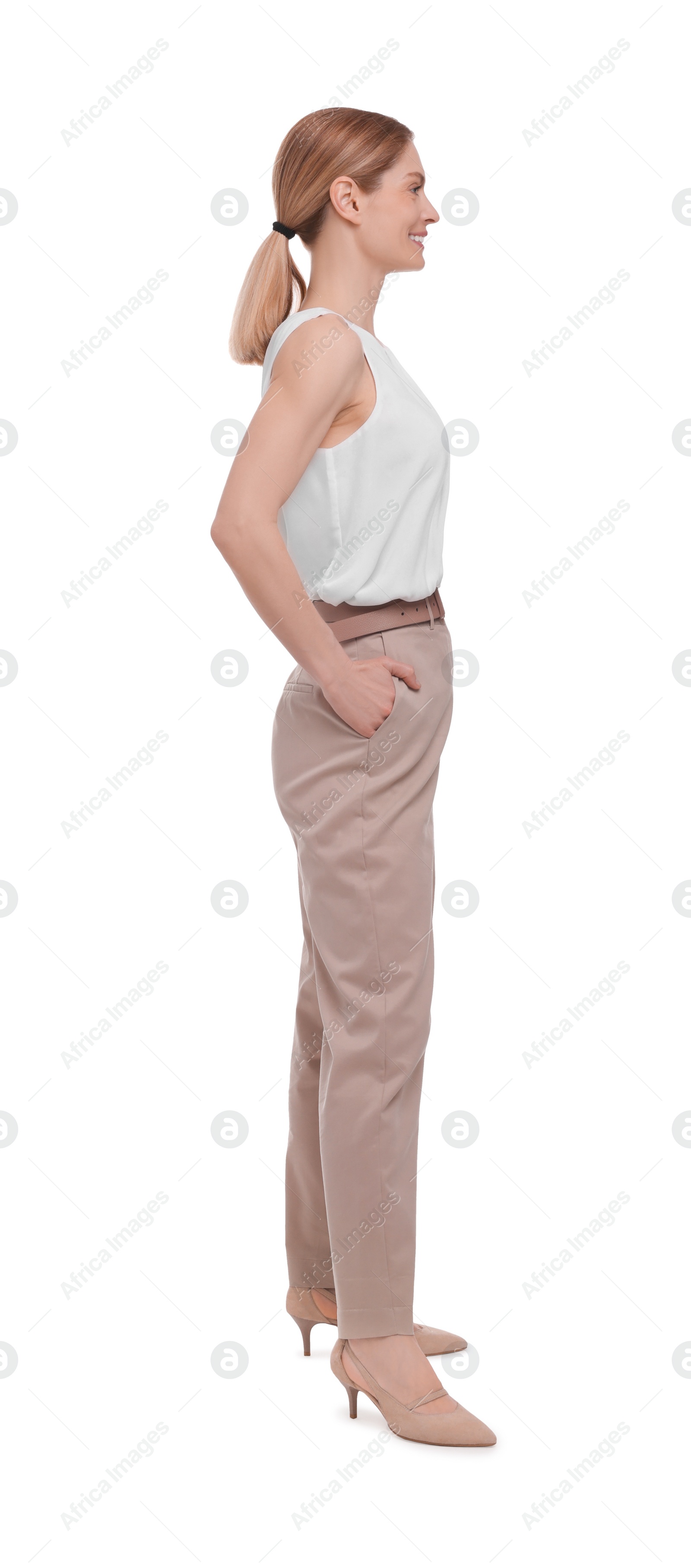 Photo of Beautiful smiling businesswoman posing on white background