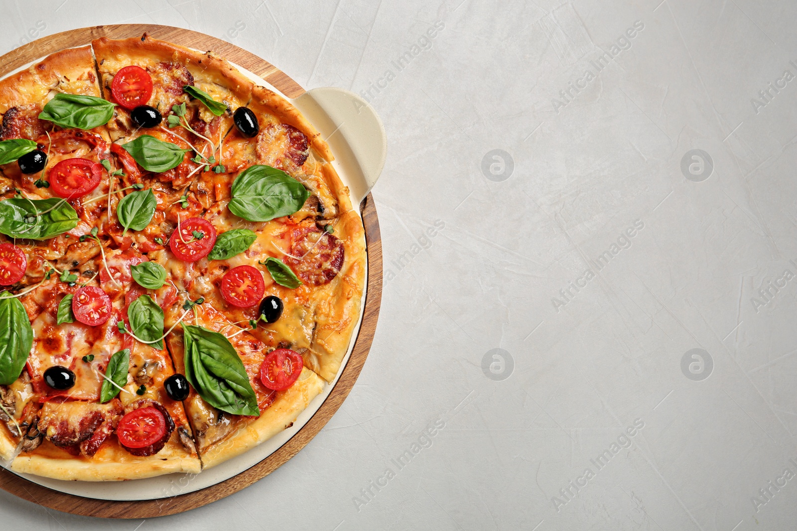 Photo of Tasty homemade pizza and space for text on table, top view