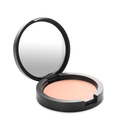 Photo of Pocket face powder with mirror against white background