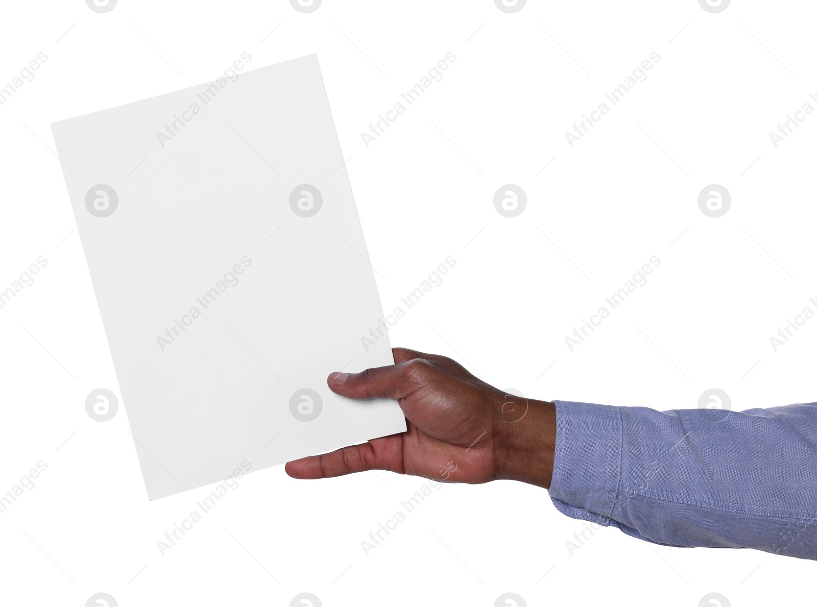 Photo of African American man holding sheet of paper on white background, closeup. Mockup for design