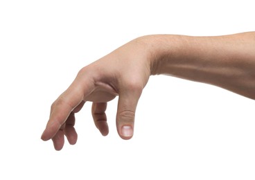 Photo of Man holding something in hand on white background, closeup