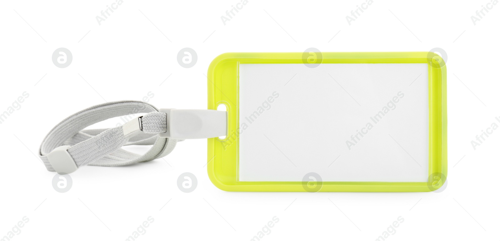 Photo of Blank yellow badge with string isolated on white