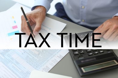 Tax accountant working with documents at table, closeup