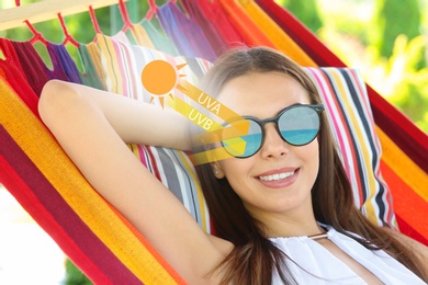 Image of Woman with sunglasses resting in hammock outdoors. UVA and UVB rays reflected by lenses, illustration