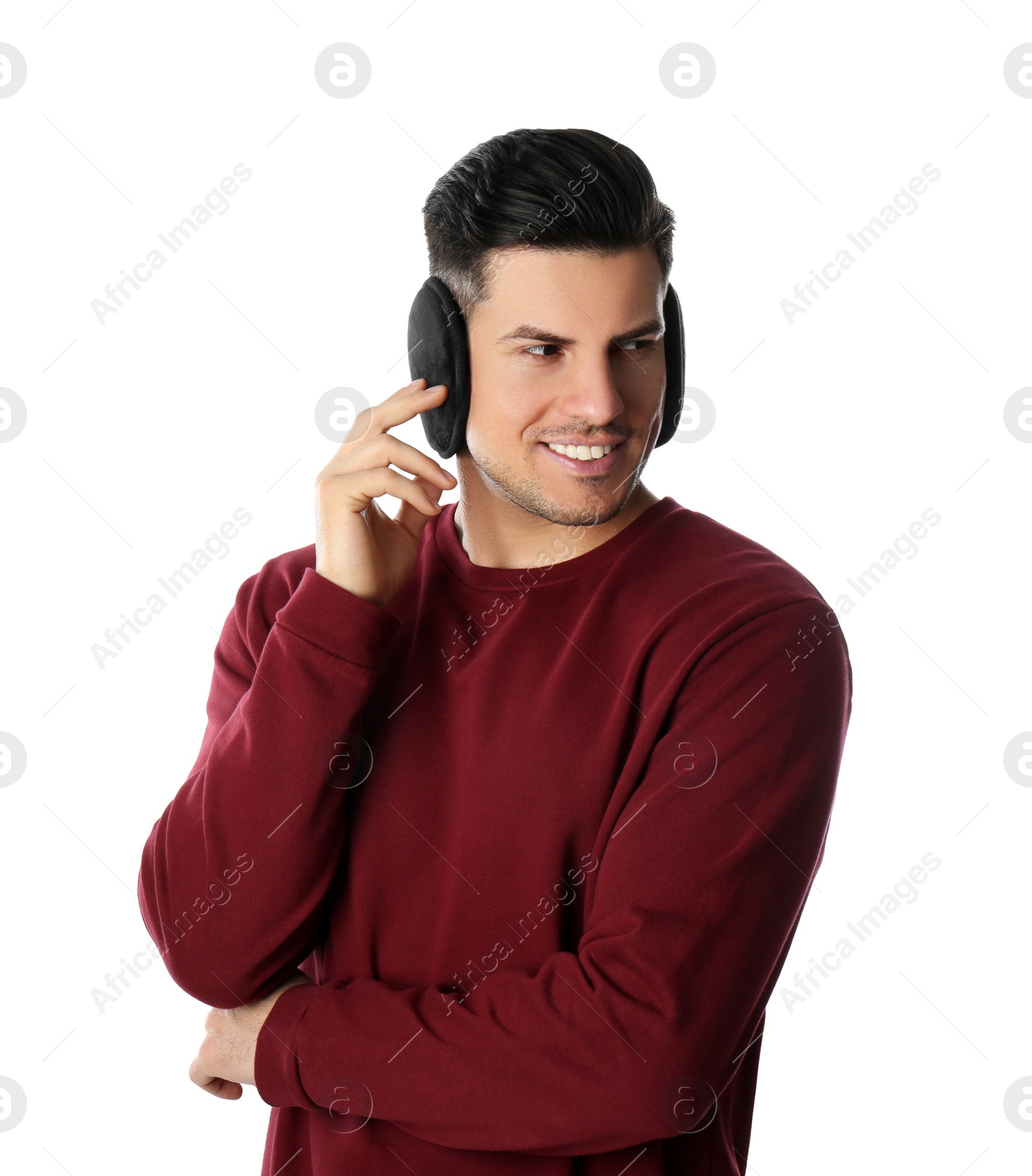 Photo of Man wearing stylish earmuffs on white background