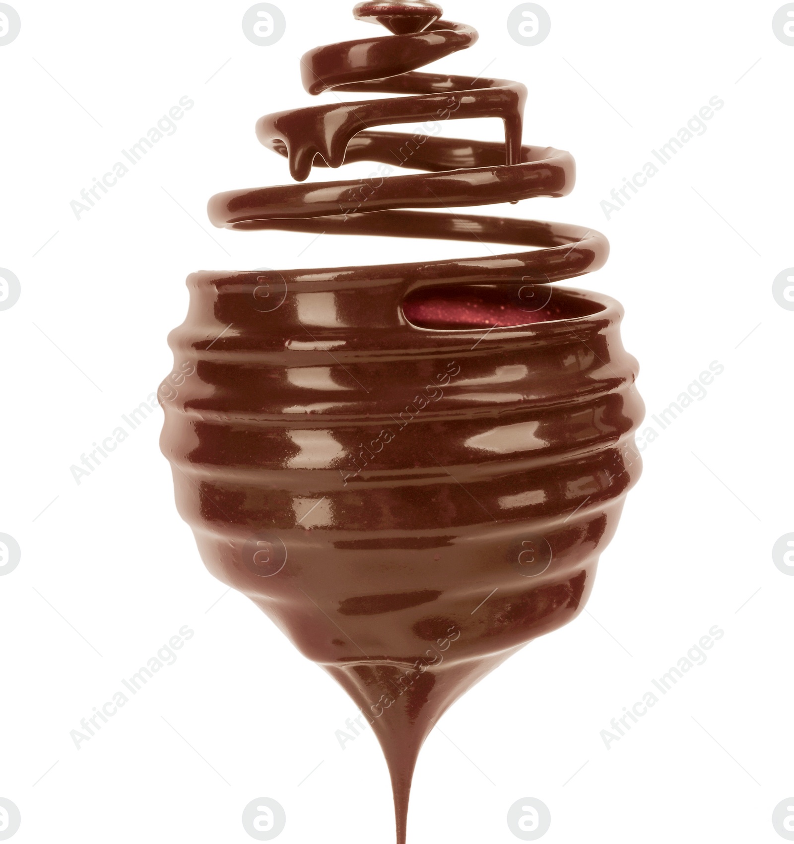 Photo of Chocolate cream dripping from whisk isolated on white, closeup