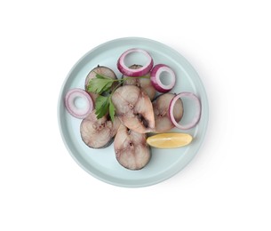 Slices of tasty salted mackerel with onion rings, parsley and lemon wedge isolated on white, top view