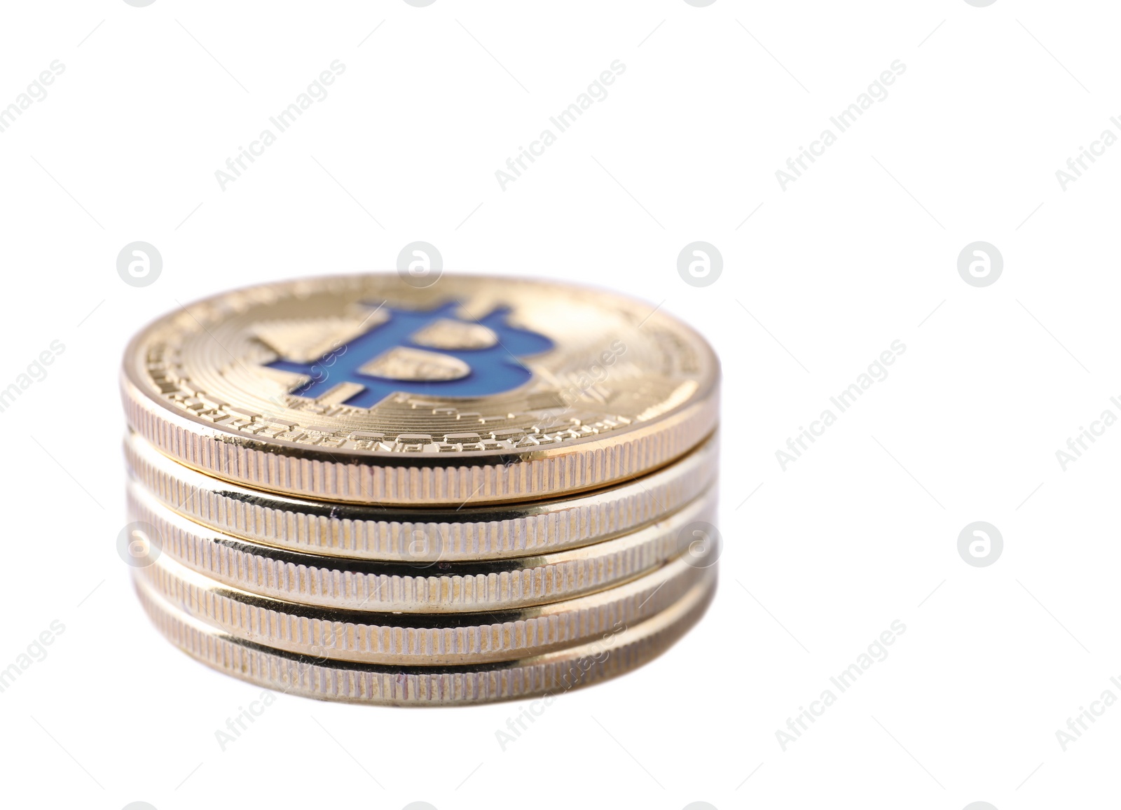 Photo of Stack of golden bitcoins on white background. Digital currency