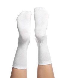 Photo of Woman in stylish socks on white background, closeup