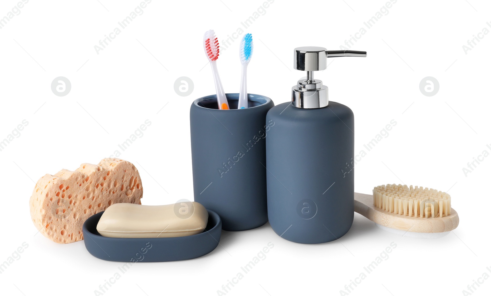 Photo of Bath accessories. Different personal care products isolated on white