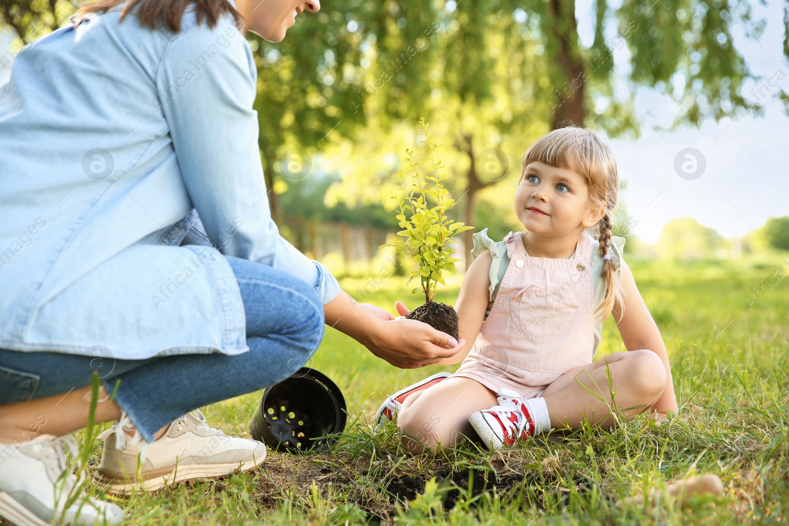 Photo of Mother and her daughter planting tree together in garden