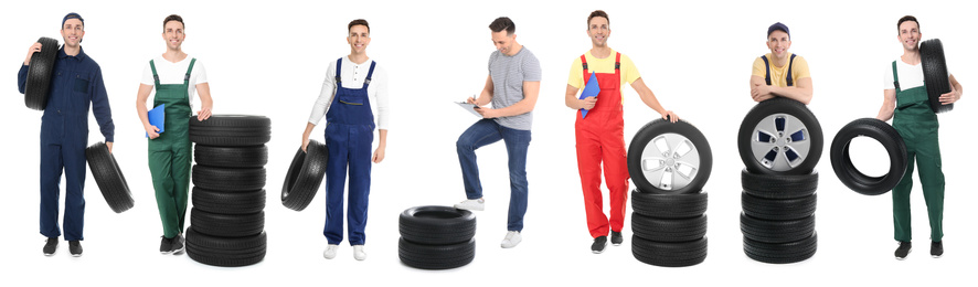 Image of Collage with photos of young male mechanic and tires on white background, banner design. Auto store 