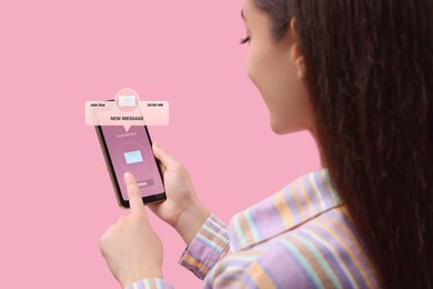 Got new message. Woman using smartphone on pink background, closeup