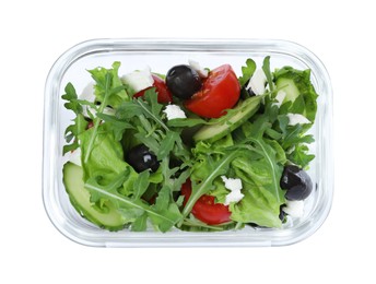 Tasty vegetable salad with cheese and olives in glass container isolated on white, top view