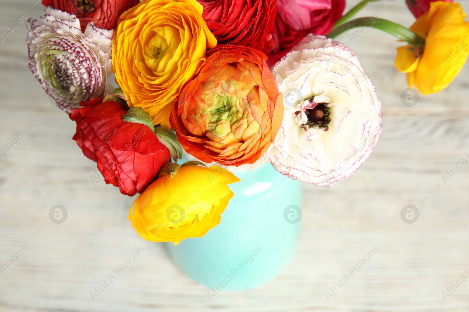 Photo of Bouquet of beautiful bright ranunculus flowers in vase on light table, closeup