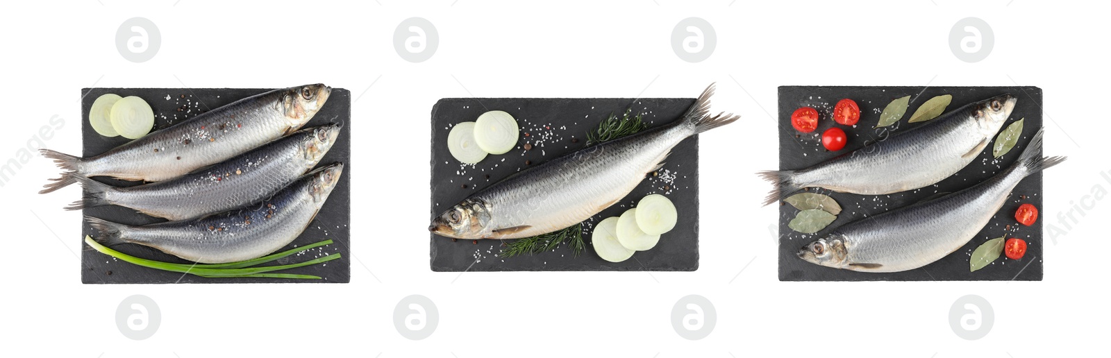 Image of Set with tasty salted herrings on white background, top view. Banner design