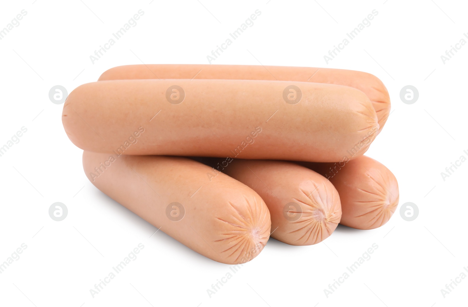 Photo of Many delicious boiled sausages on white background