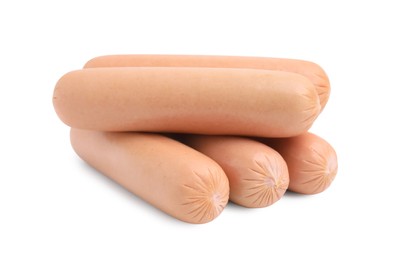 Photo of Many delicious boiled sausages on white background