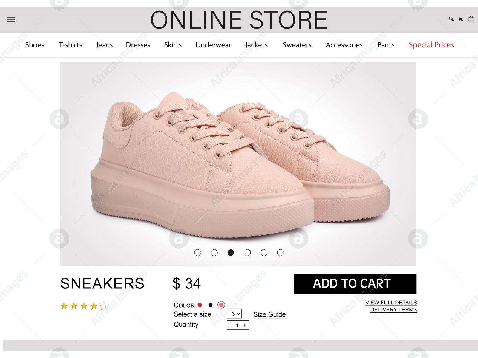 Image of Online store website page with stylish shoes and information. Image can be pasted onto laptop or tablet screen