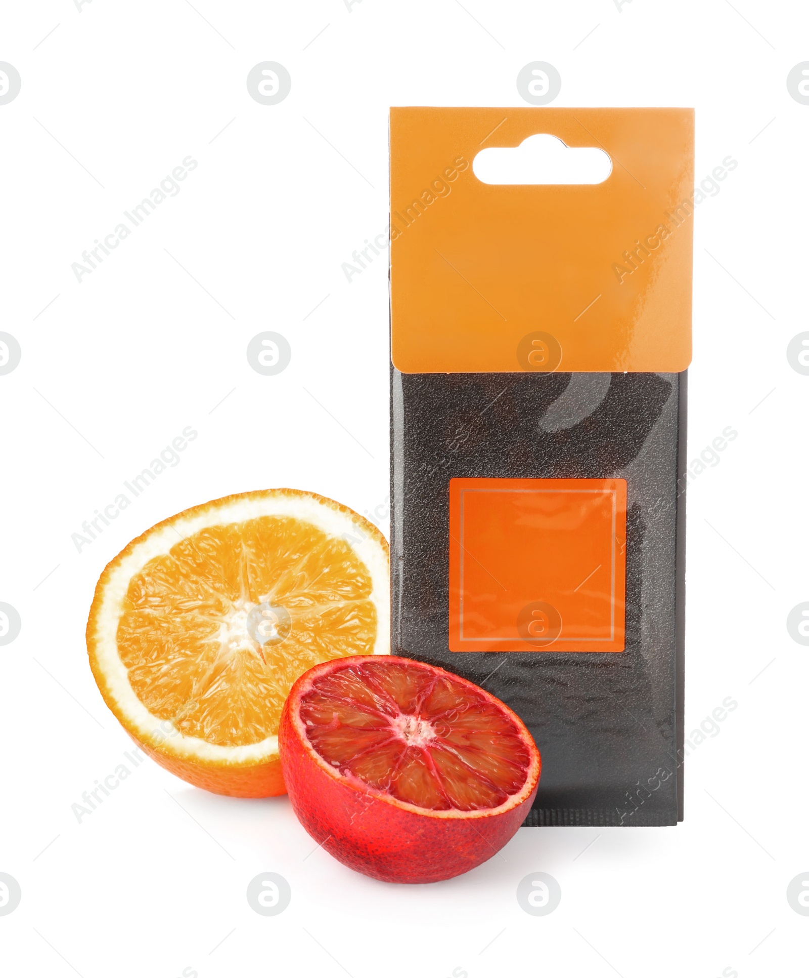 Photo of Scented sachet and halves of different oranges on white background
