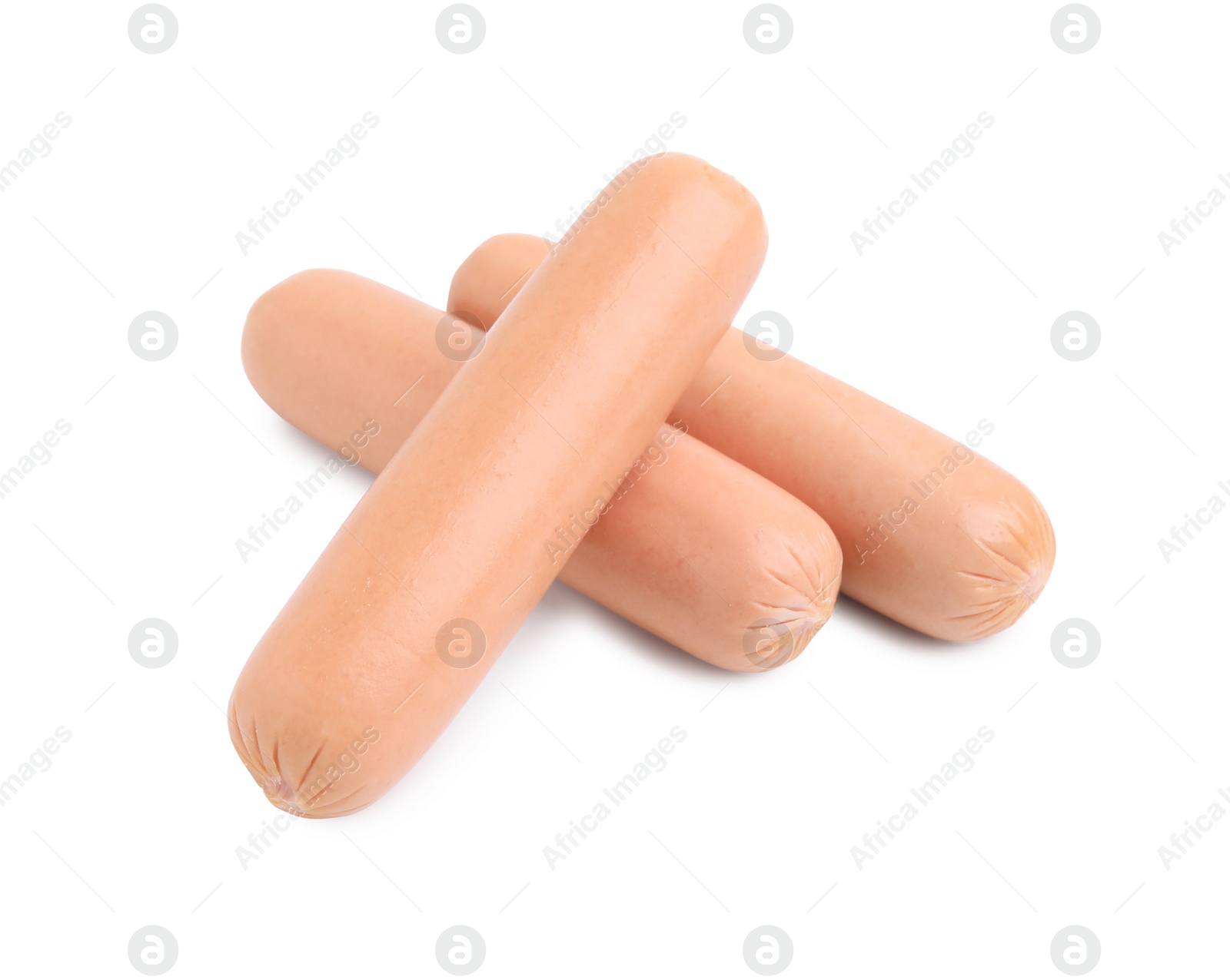 Photo of Many delicious boiled sausages on white background