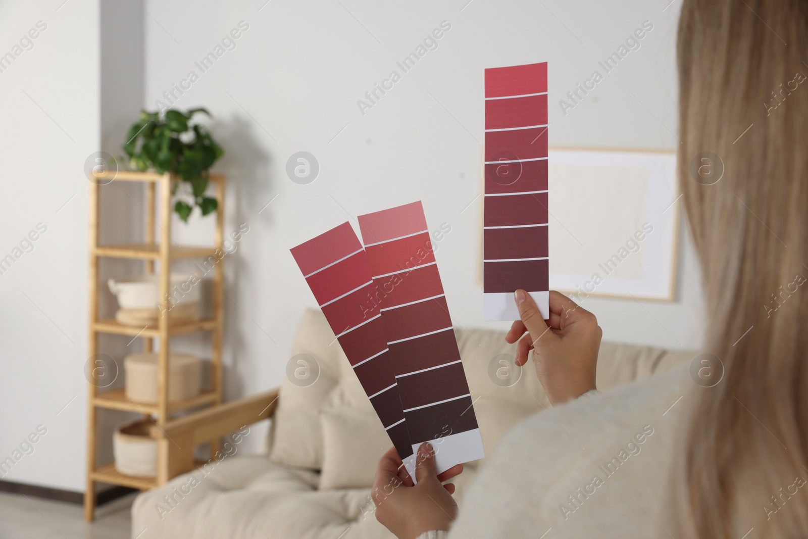 Photo of Woman choosing color for wall in room, focus on hands with paint chips. Interior design