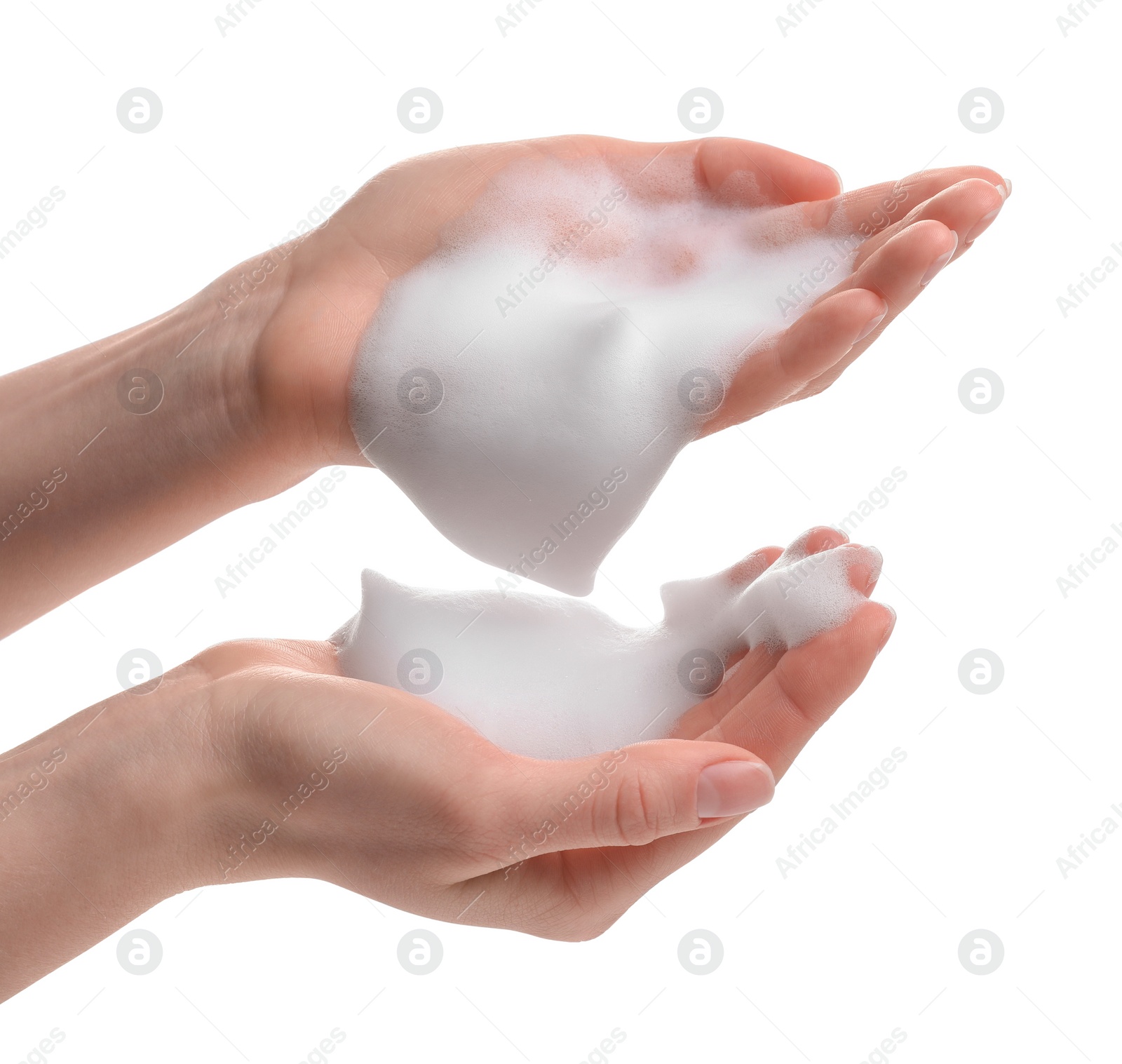 Photo of Woman with bath foam on white background, closeup