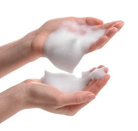 Photo of Woman with bath foam on white background, closeup