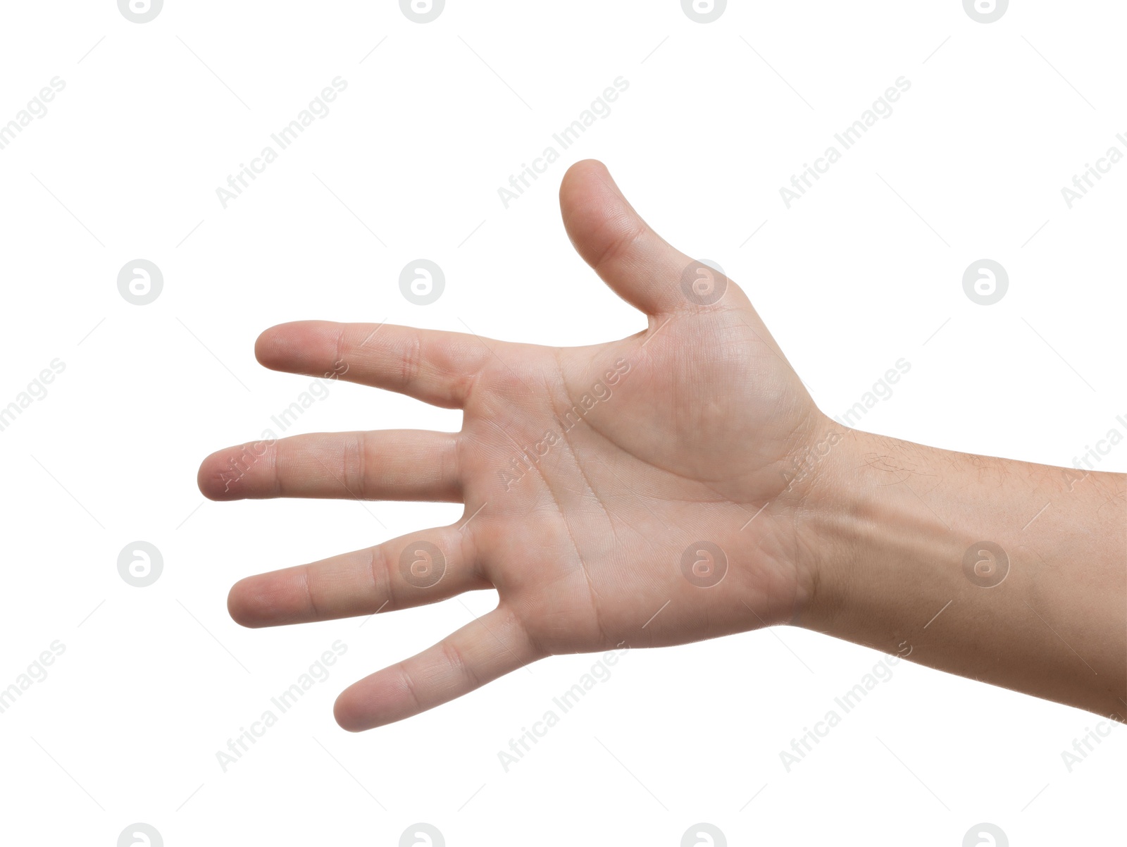 Photo of Man showing hand on white background, closeup