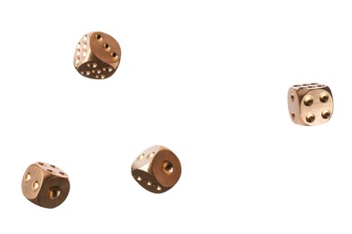 Image of Four golden dice in air on white background