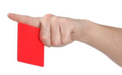 Photo of Referee holding red card and pointing on white background, closeup