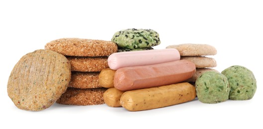 Photo of Many different raw vegan meat products on white background