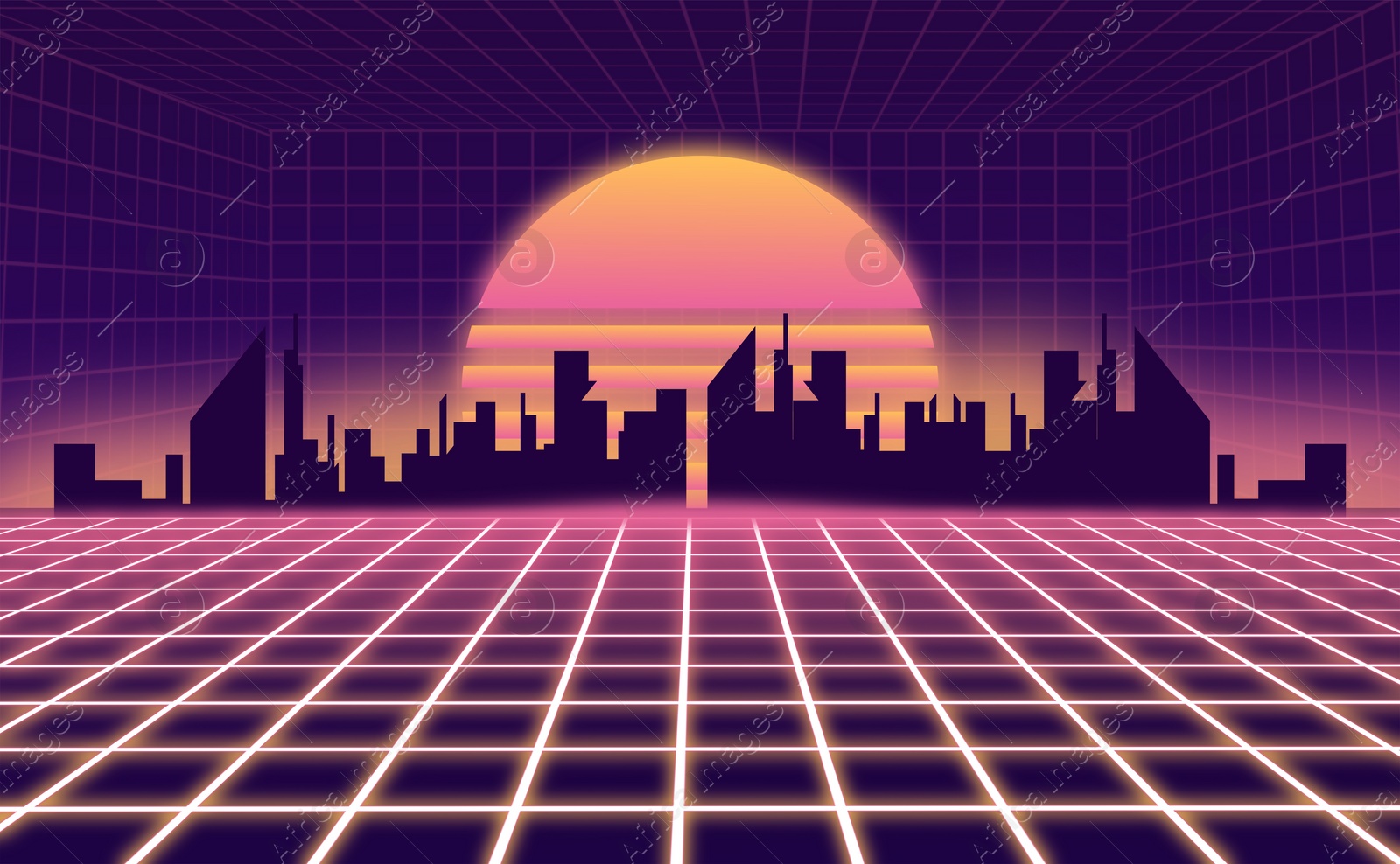 Illustration of Metaverse. Digital city with buildings at sunset, illustration